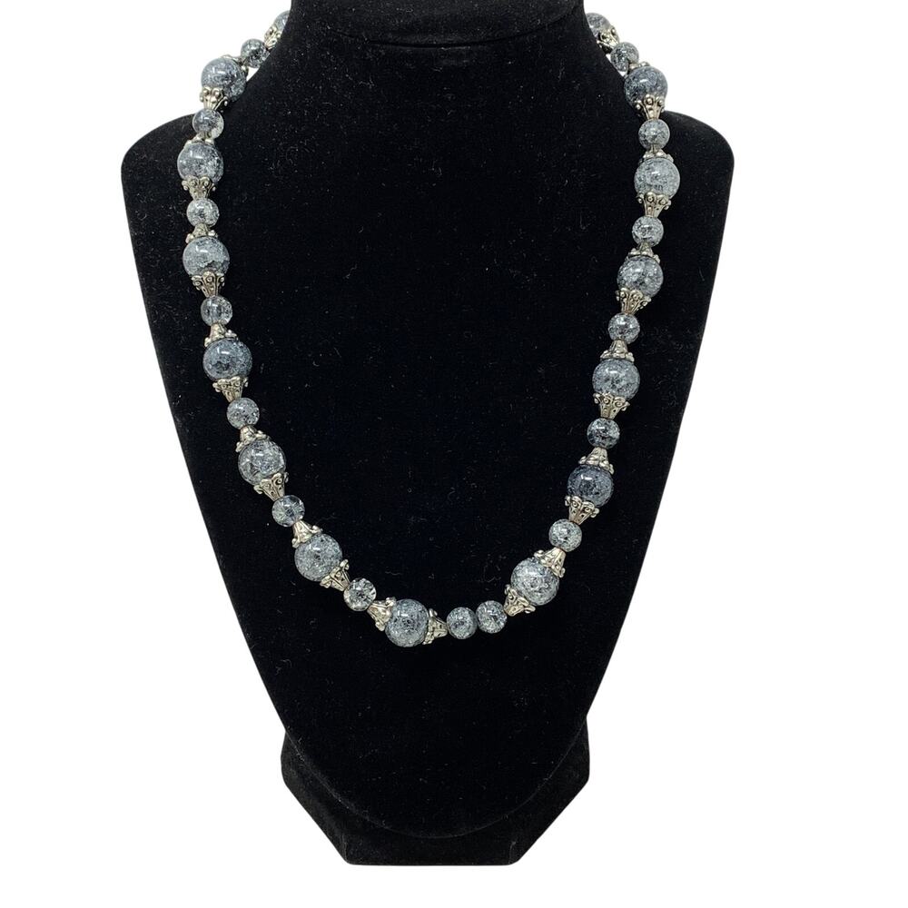 Handmade Artisan Beaded Necklace Blue Crackle Grass + Silver Tone Beads
